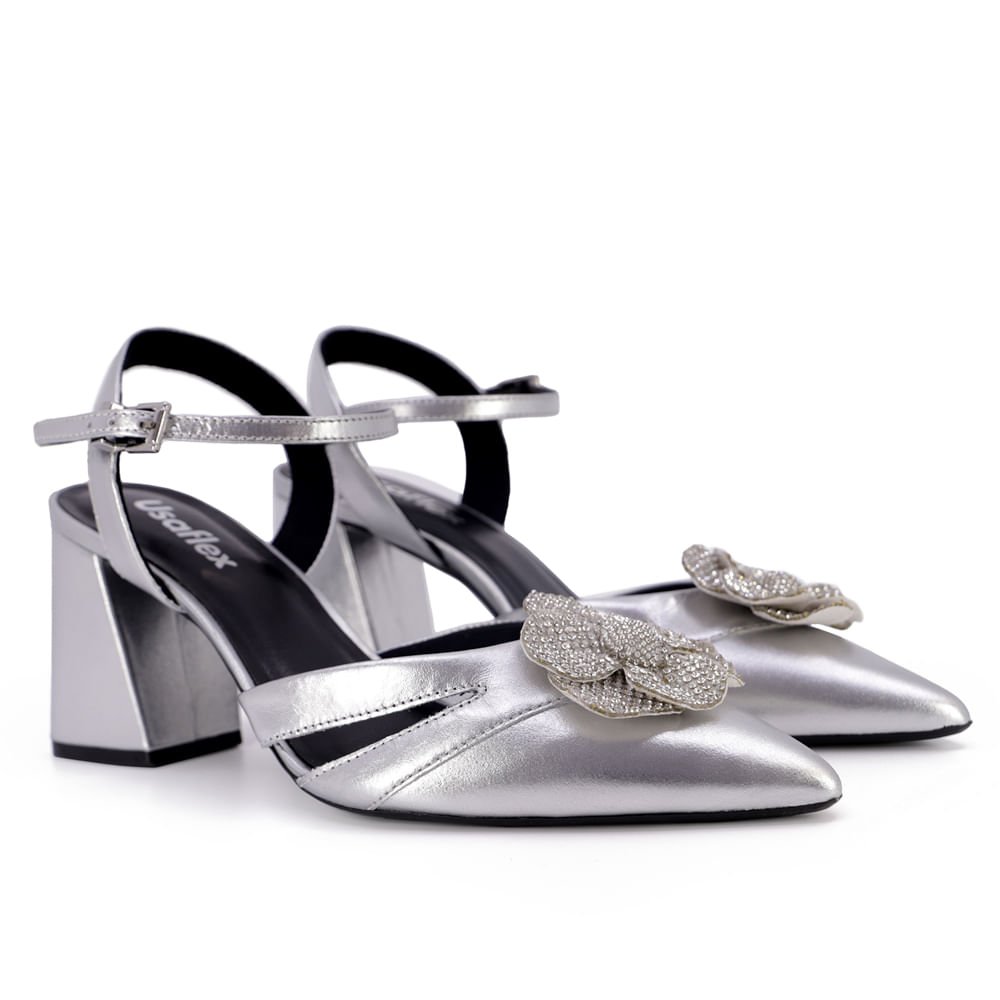 Scarpin Bico Fino Couro Metalizado Prata Strass Prata 2