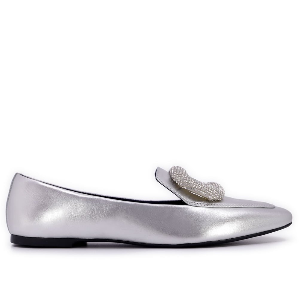 Loafer Metalizado Prata Couro Strass