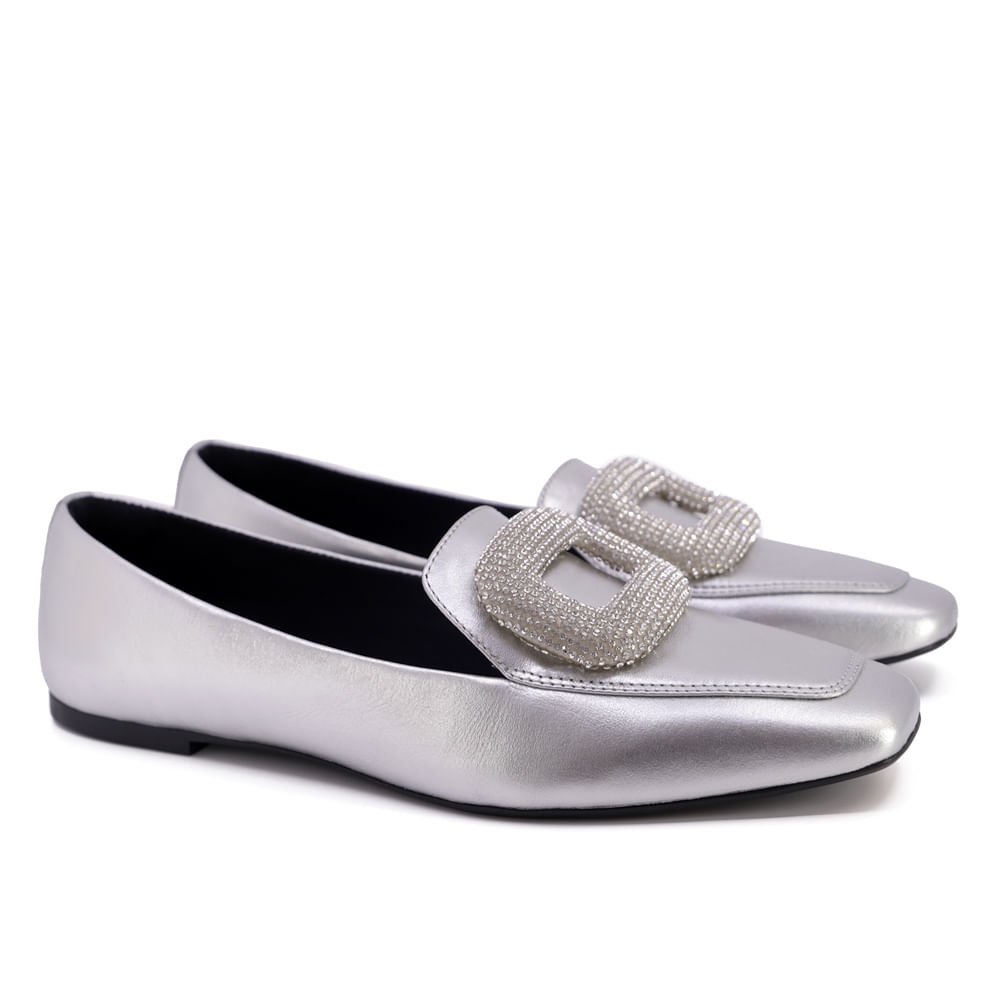 Loafer Metalizado Prata Couro Strass Prata 2