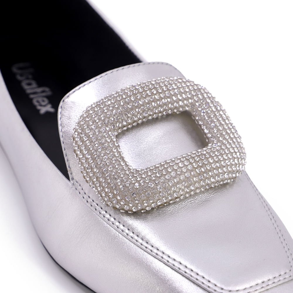 Loafer Metalizado Prata Couro Strass Prata 4