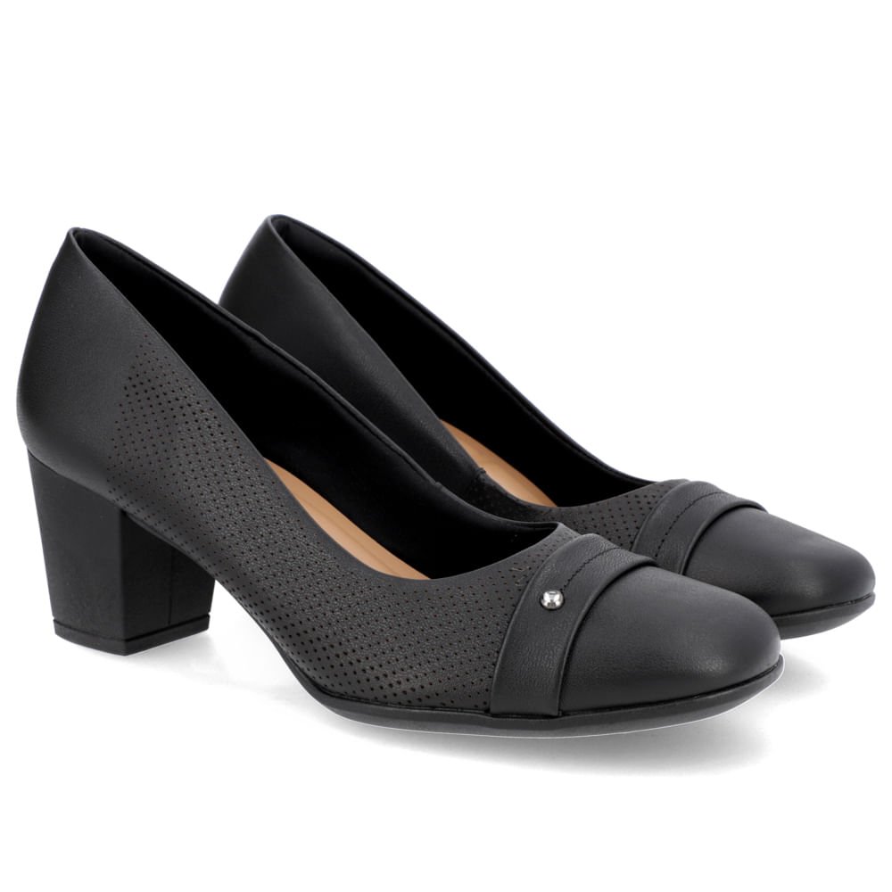 Scarpin Couro Preto Salto Bloco Médio Preto 2