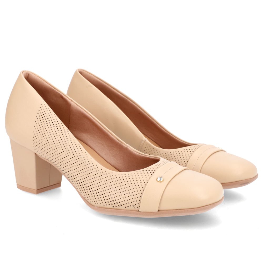 Scarpin Couro Bege Salto Bloco Médio Bege 2