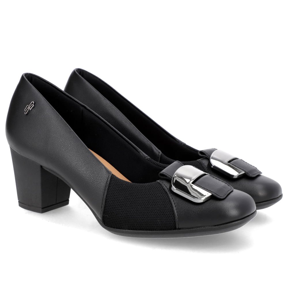 Scarpin Couro Preto Salto Bloco Médio Enfeite Preto 2