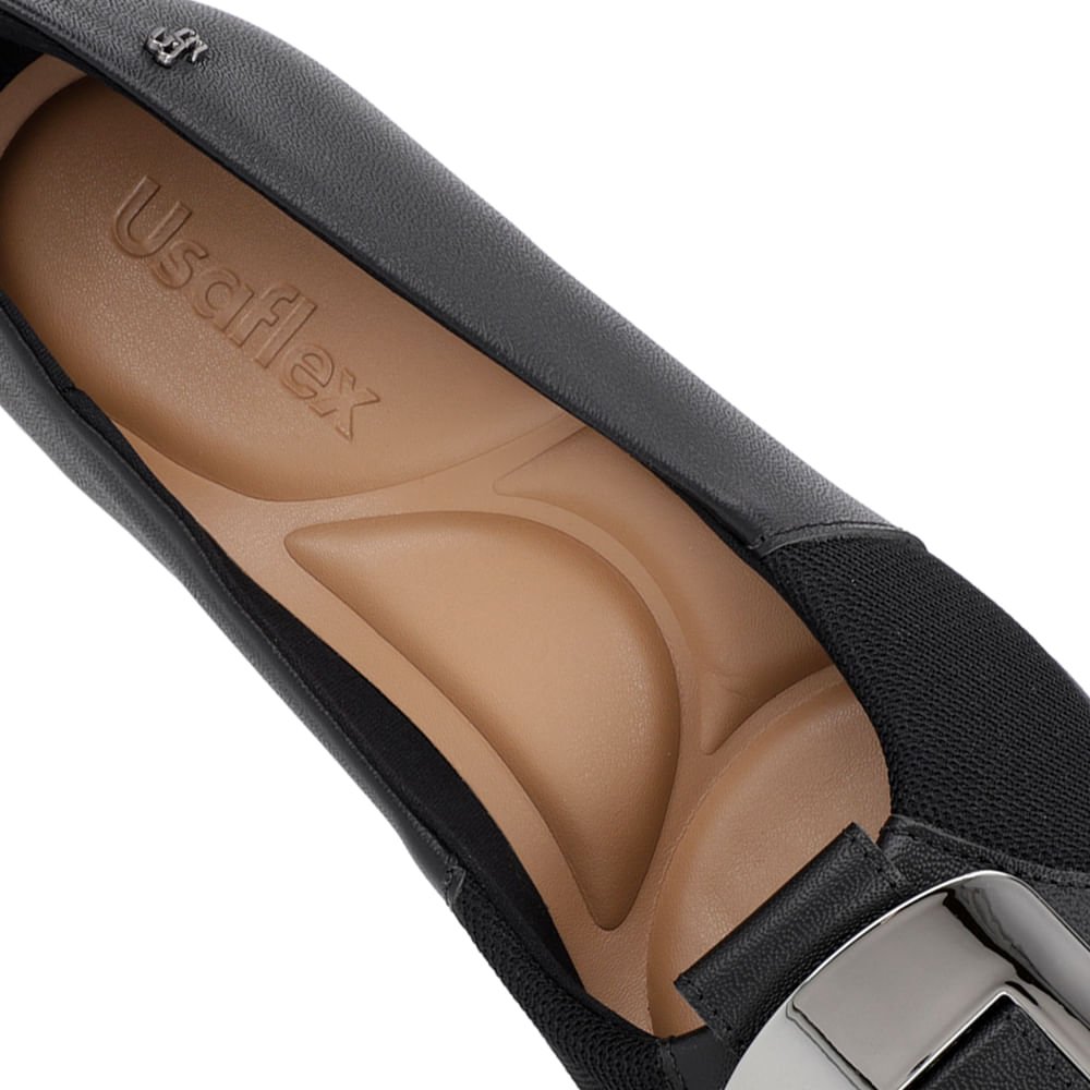 Scarpin Couro Preto Salto Bloco Médio Enfeite Preto 4