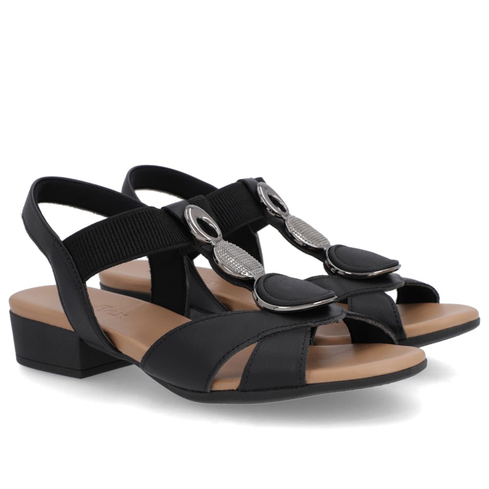 Sandália Salto Bloco Couro Preto Enfeite Preto 2