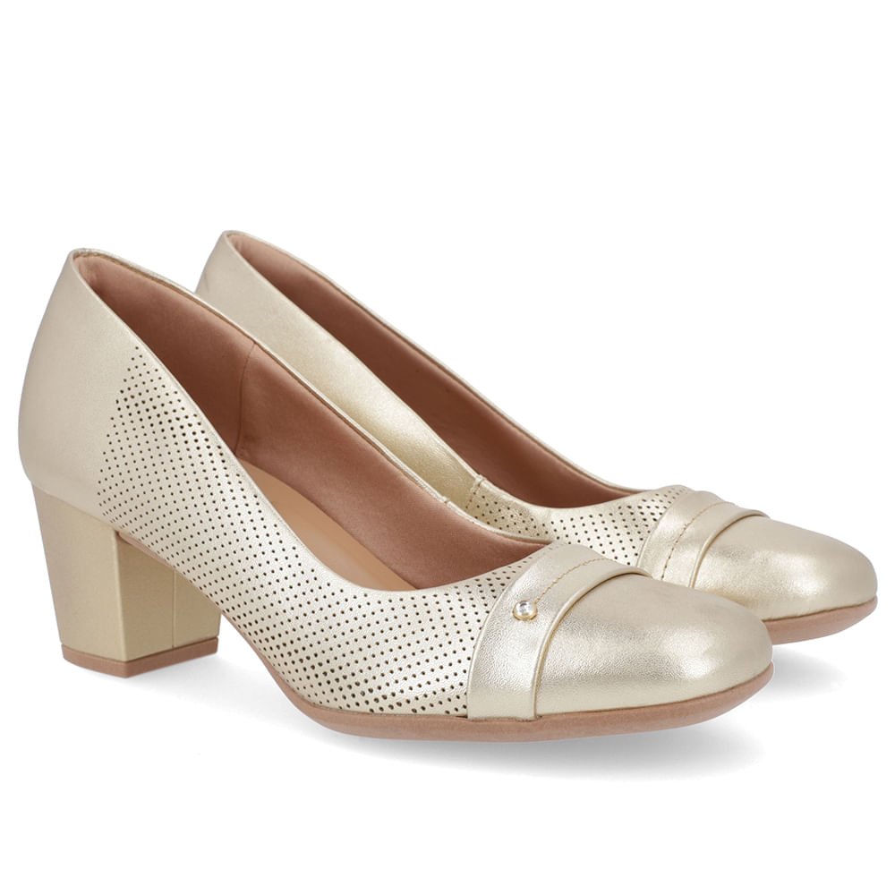 Scarpin Couro Dourado Salto Bloco Médio Dourado 2