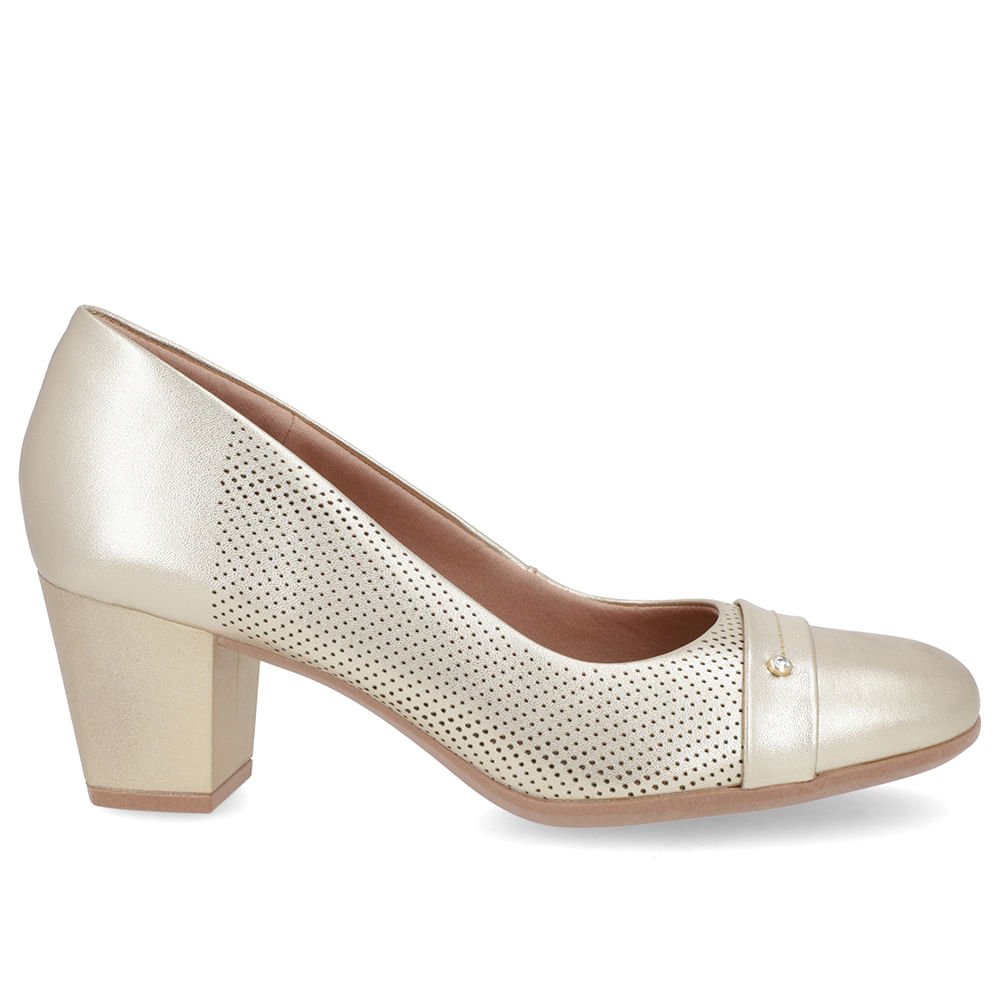 Scarpin Couro Dourado Salto Bloco Médio