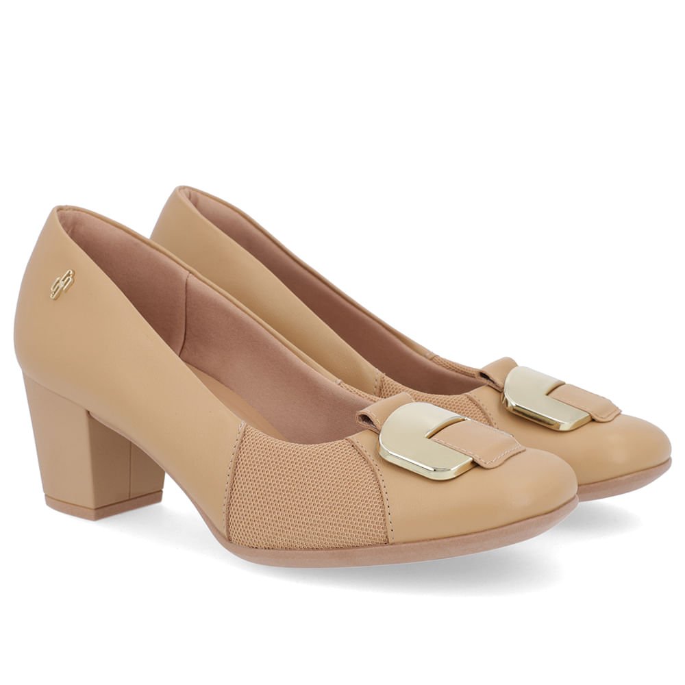 Scarpin Couro Marrom Salto Bloco Médio Enfeite Bege 2