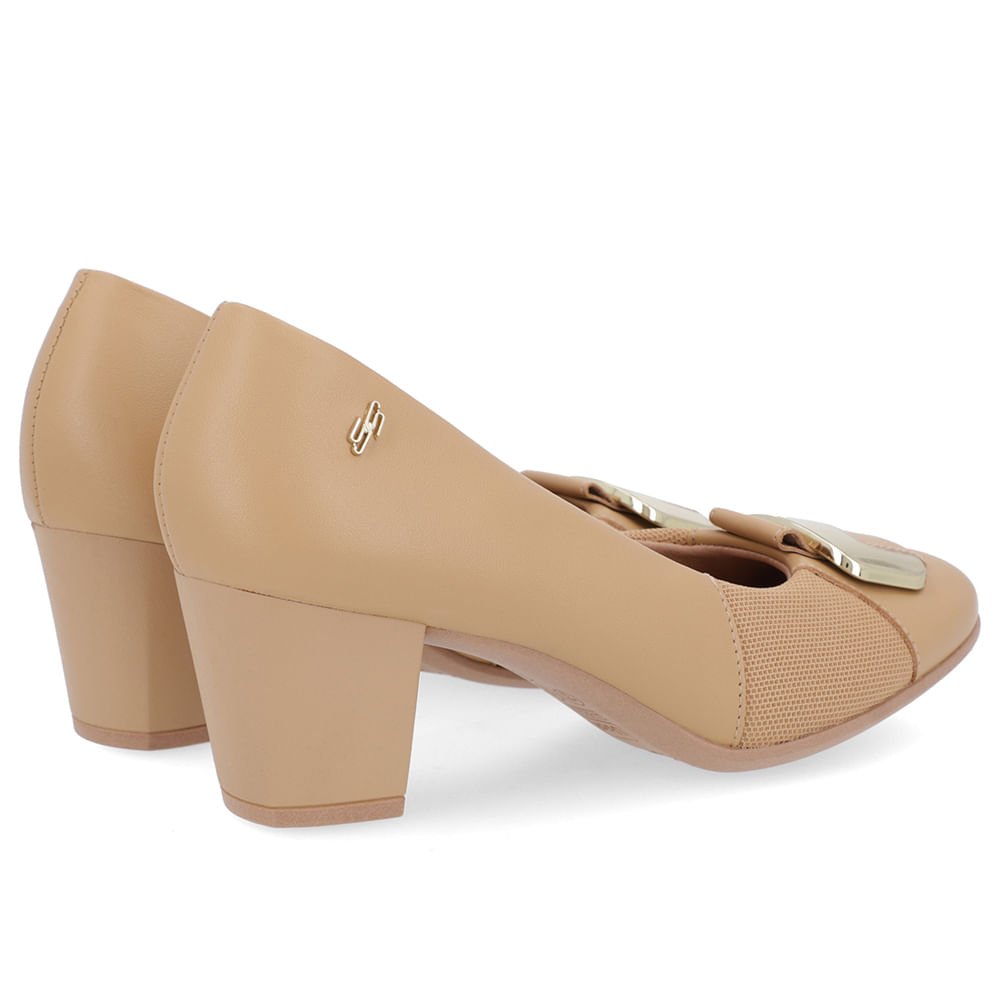 Scarpin Couro Marrom Salto Bloco Médio Enfeite Bege 3