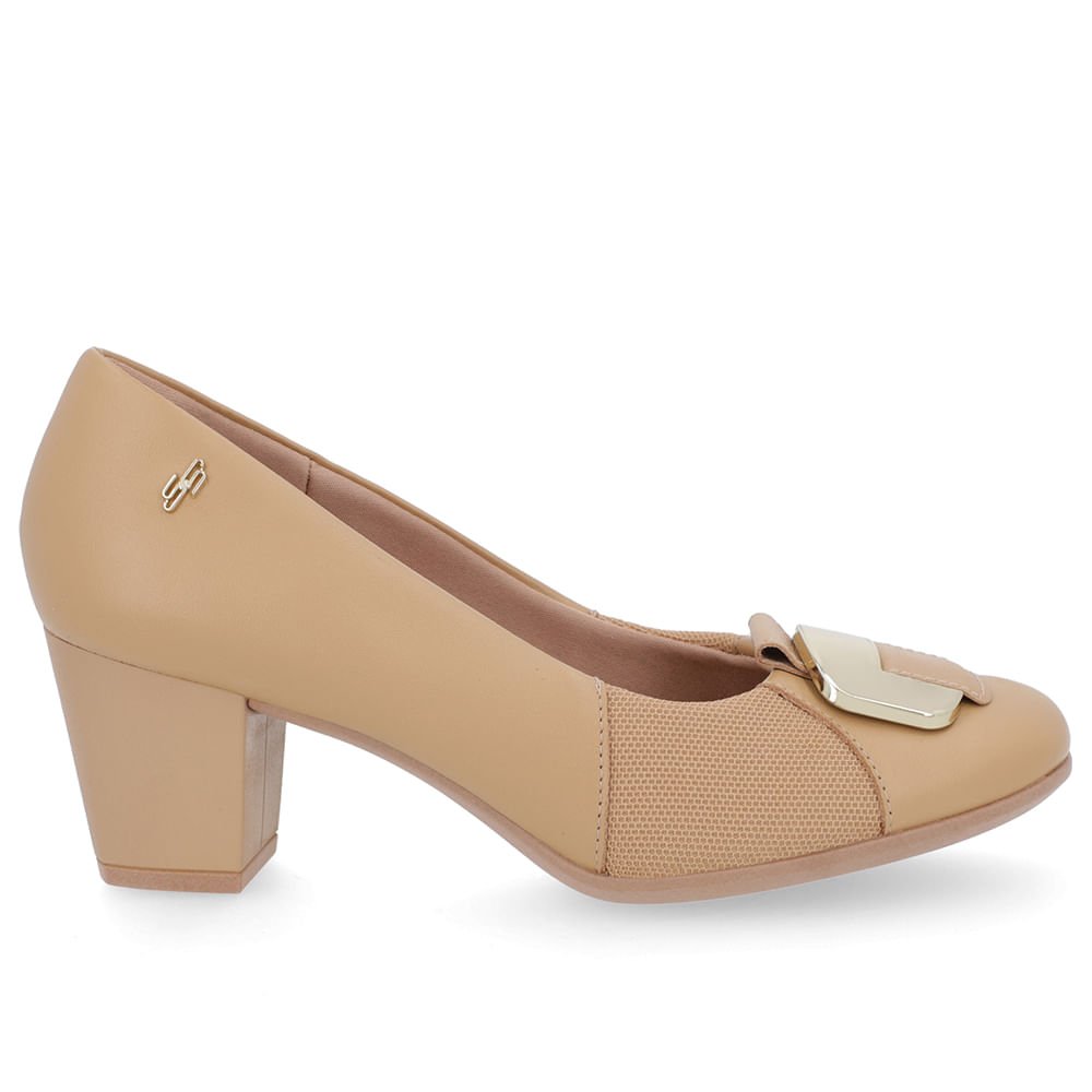 Scarpin Couro Marrom Salto Bloco Médio Enfeite Bege 1