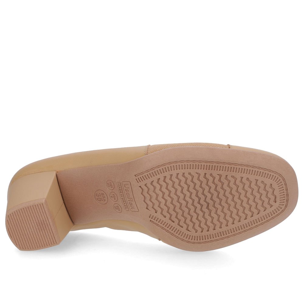 Scarpin Couro Marrom Salto Bloco Médio Enfeite Bege 5