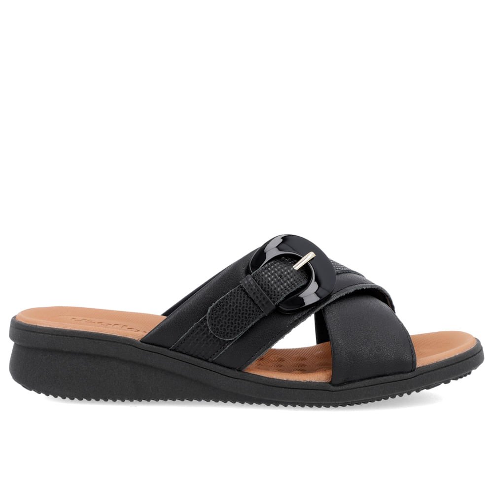 Tamanco Plataforma Couro Preto Enfeite Fivela