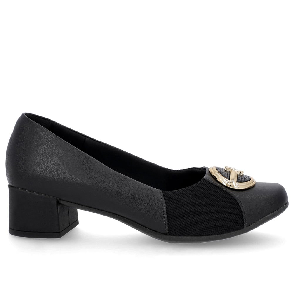 Scarpin Preto Couro Detalhe Tecido Enfeite Preto 1