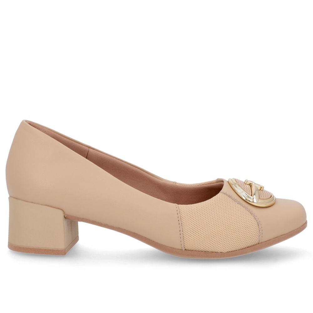 Scarpin Bege Couro Detalhe Tecido Enfeite