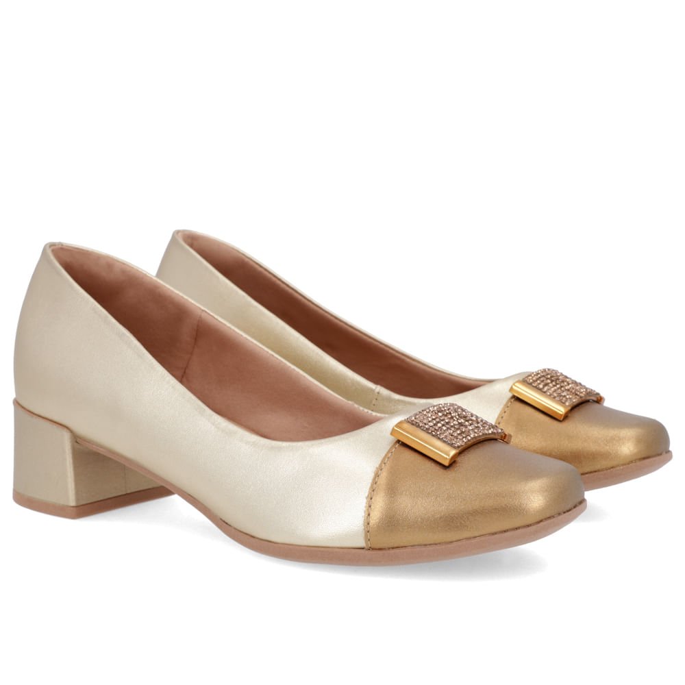 Scarpin Dourado Couro Bico Quadrado Enfeite Dourado 2