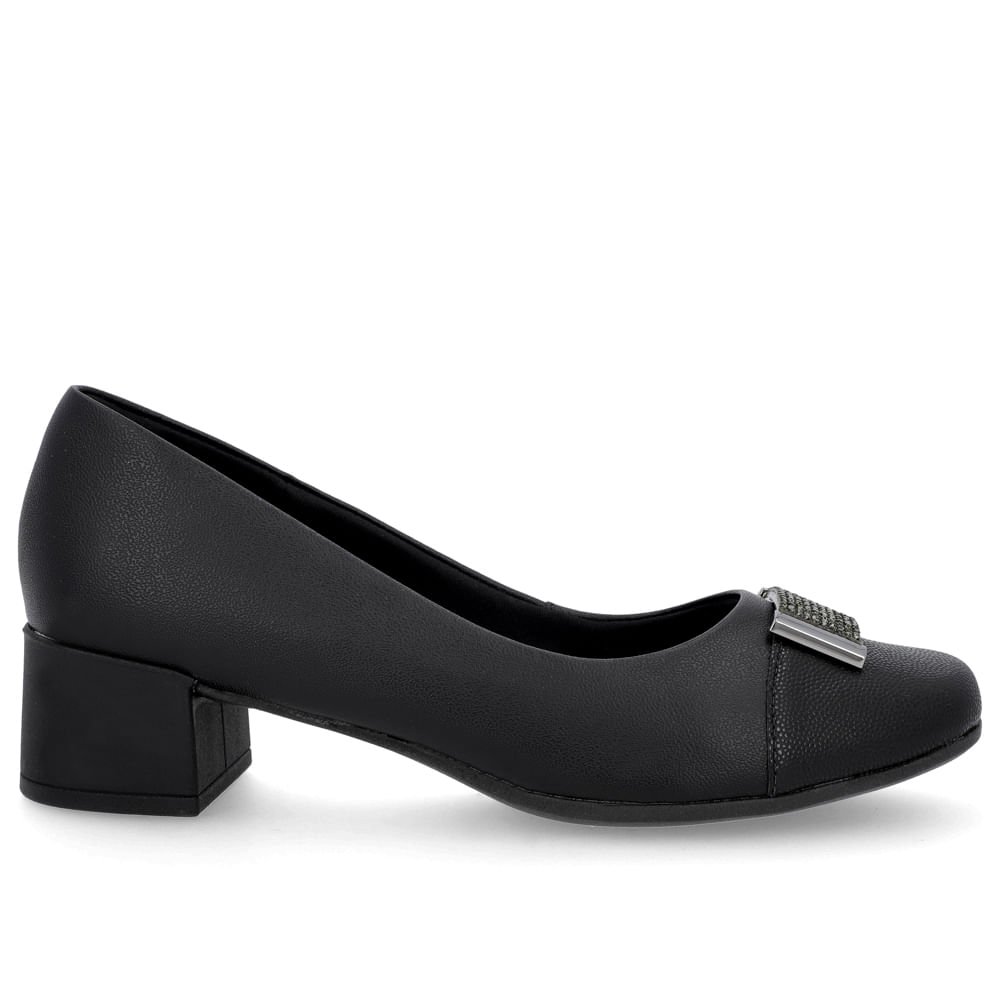 Scarpin Preto Couro Bico Quadrado Enfeite