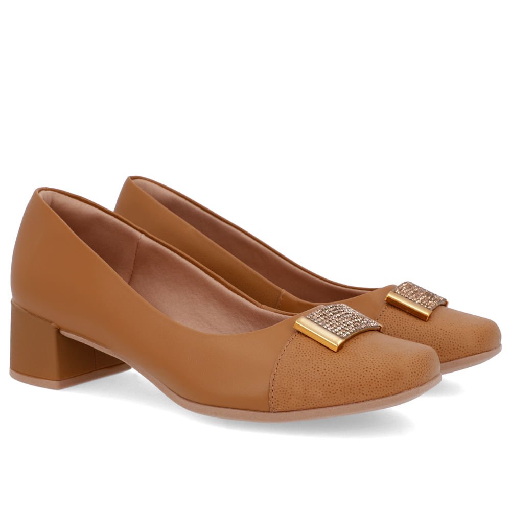 Scarpin Marrom Couro Bico Quadrado Enfeite Marrom 2