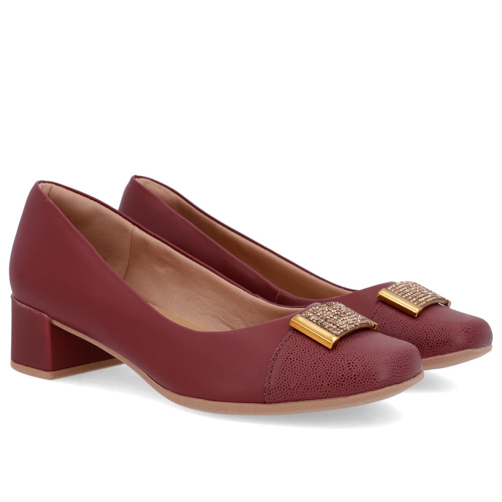 Scarpin Vermelho Couro Bico Quadrado Enfeite Bordô 2