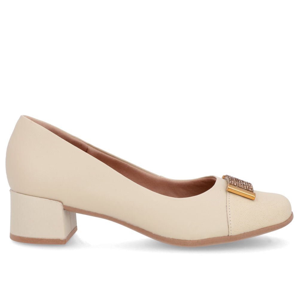 Scarpin Bege Couro Bico Quadrado Enfeite