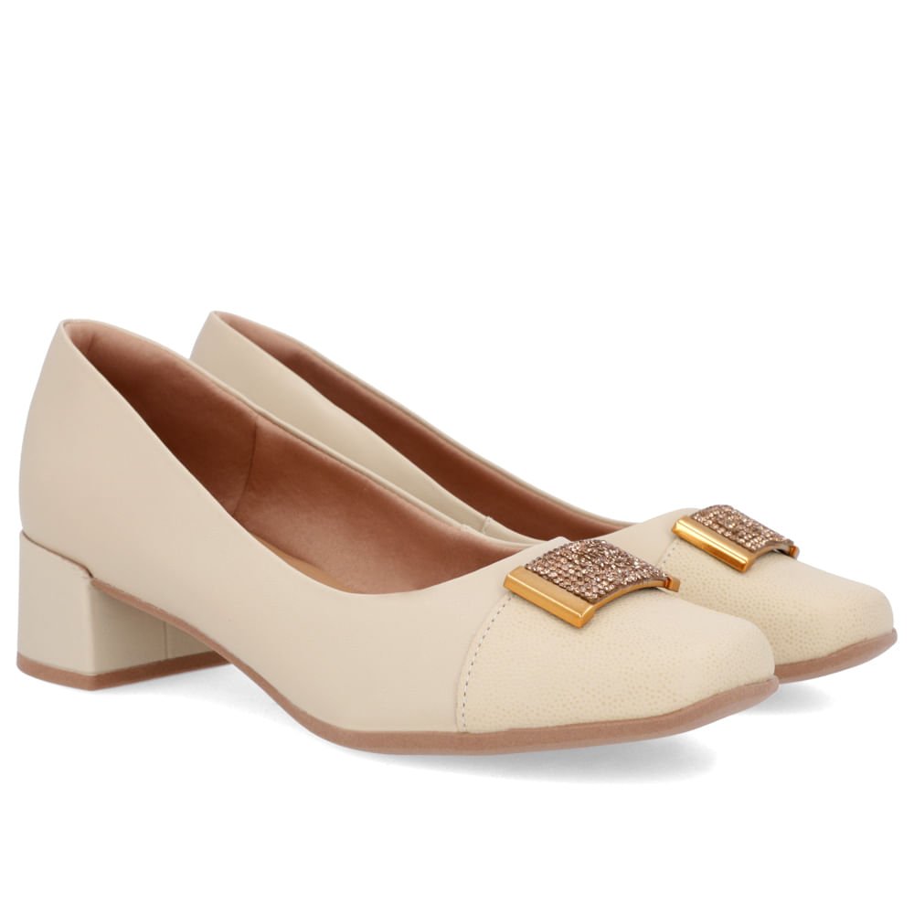 Scarpin Bege Couro Bico Quadrado Enfeite Bege 2