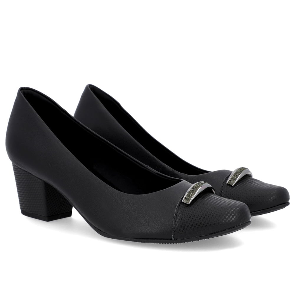 Scarpin Couro Preto Salto Bloco Brilho Preto 2
