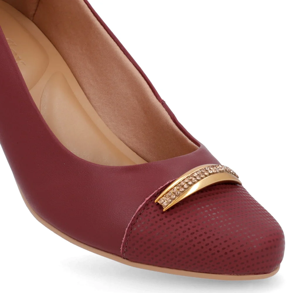 Scarpin Couro Vermelho Salto Bloco Brilho Bordô 4