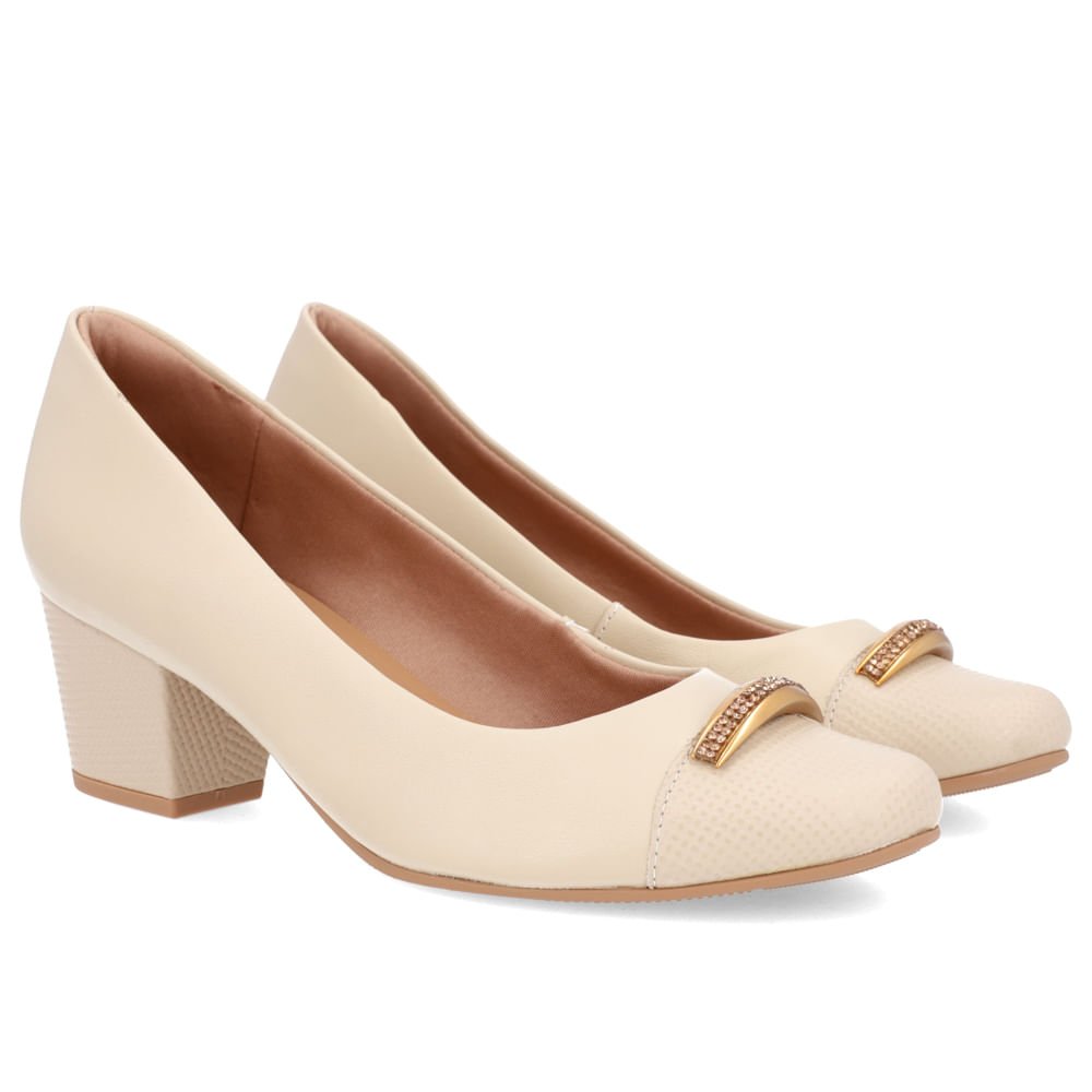 Scarpin Couro Bege Salto Bloco Brilho Bege 2