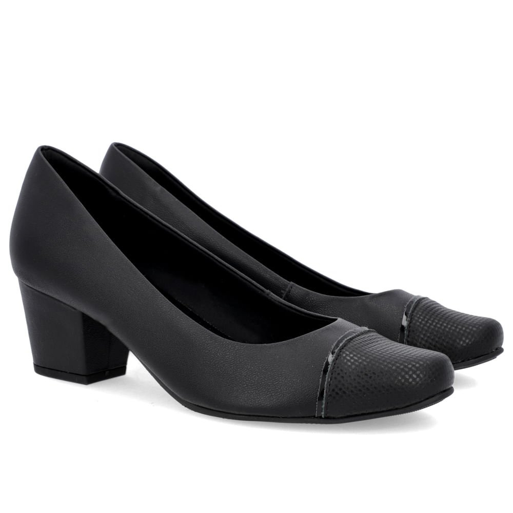 Scarpin Couro Preto Salto Bloco Bico Textura Preto 2