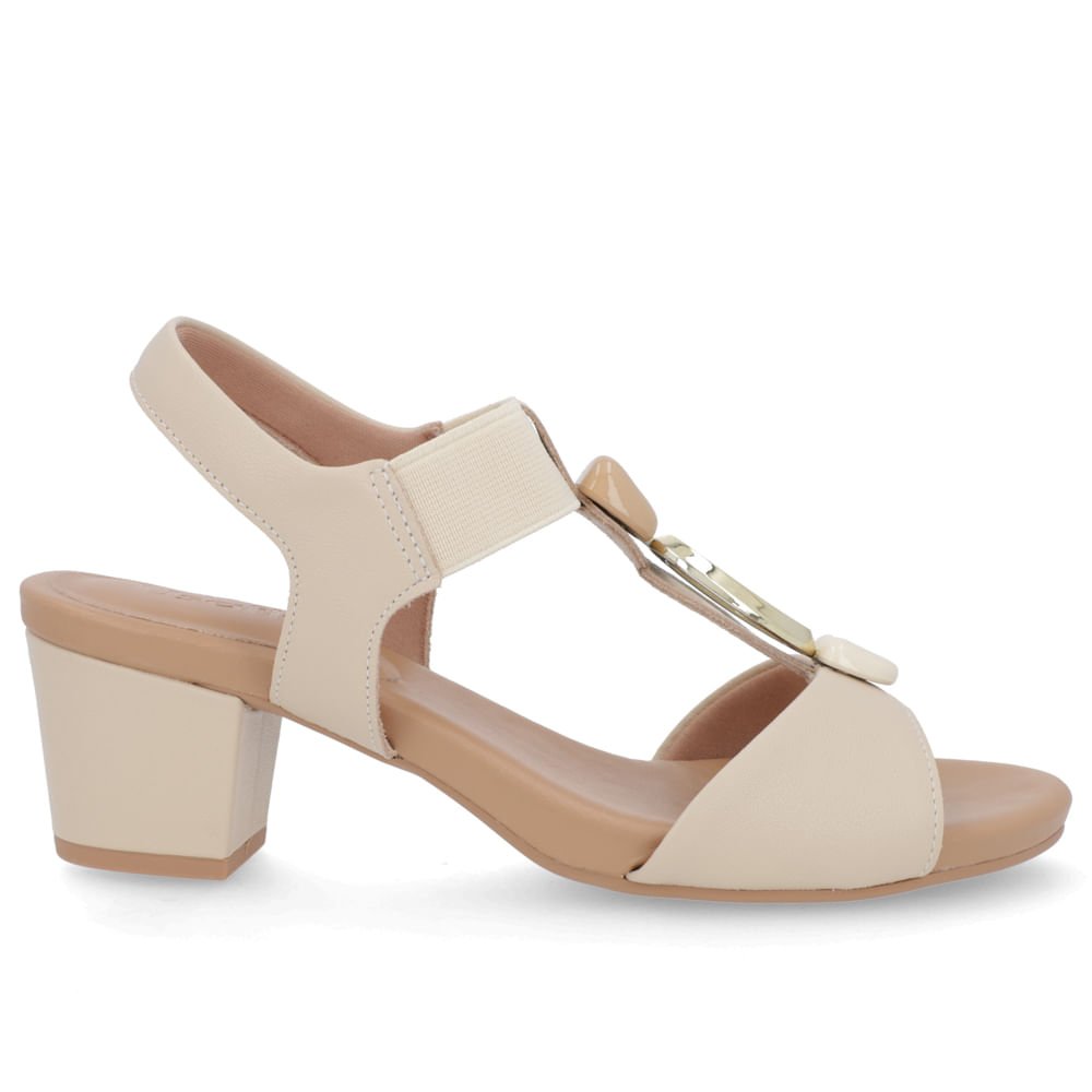 Sandália Salto Bloco Bege Couro Enfeite Bege 1