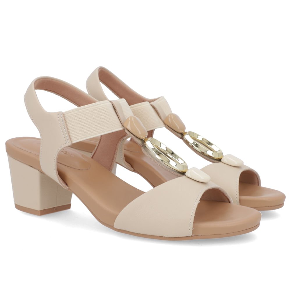 Sandália Salto Bloco Bege Couro Enfeite Bege 2