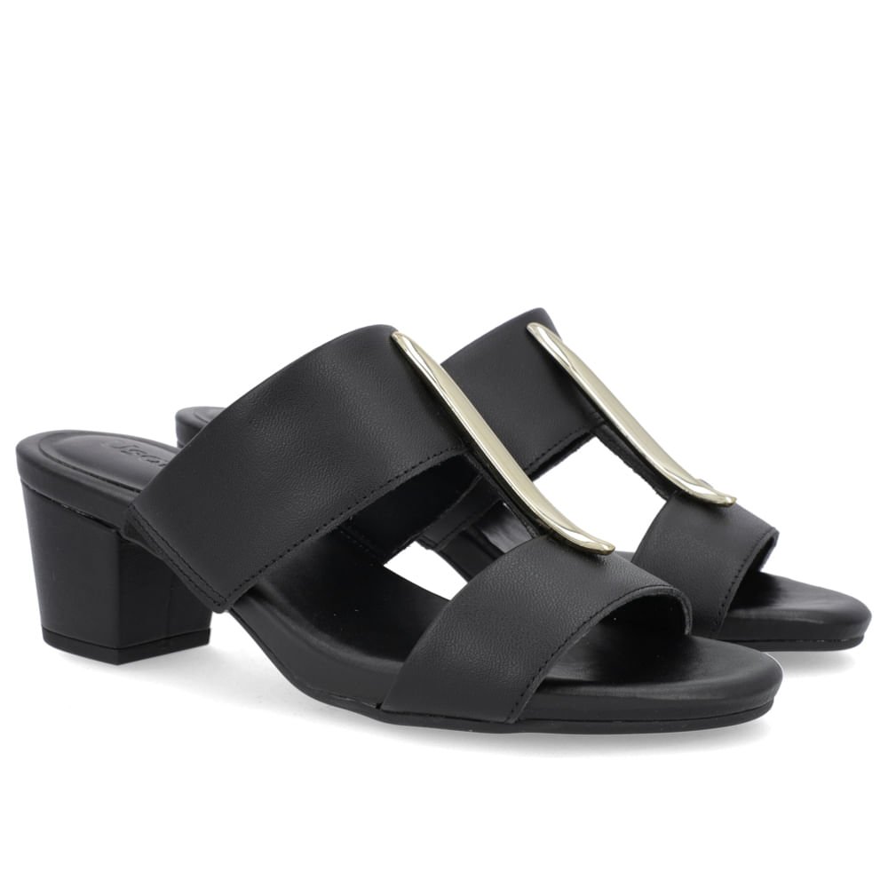 Tamanco Salto Bloco Couro Preto Enfeite Preto 2