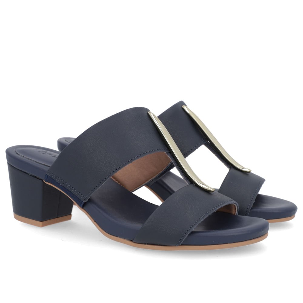 Tamanco Salto Bloco Couro Azul Enfeite Azul 2