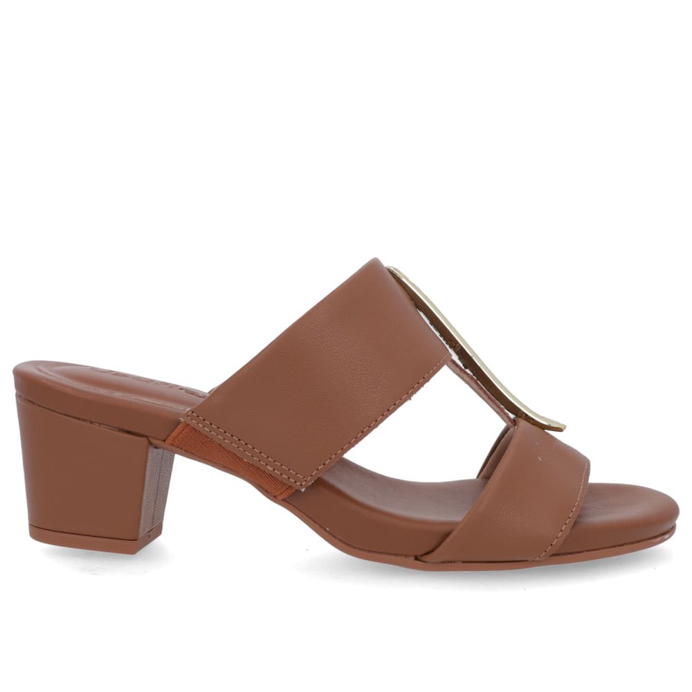 Tamanco Salto Bloco Couro Marrom Enfeite