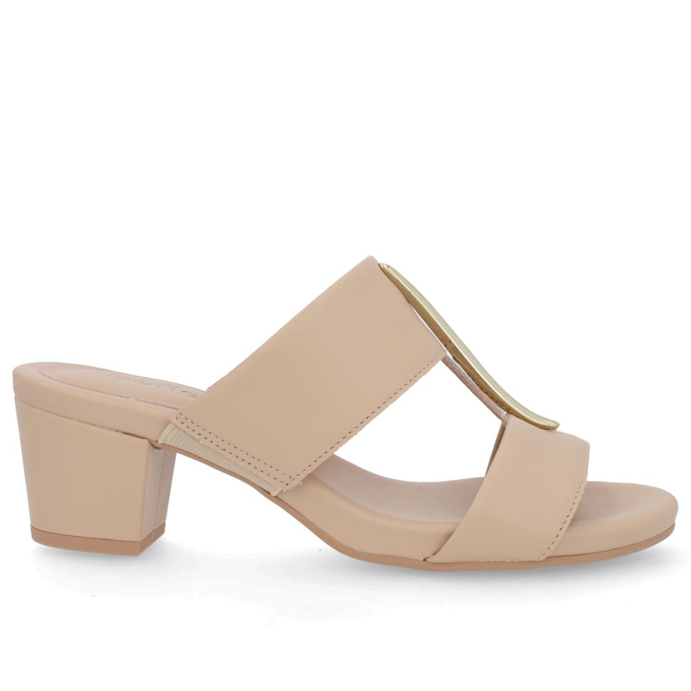 Tamanco Salto Bloco Couro Bege Enfeite