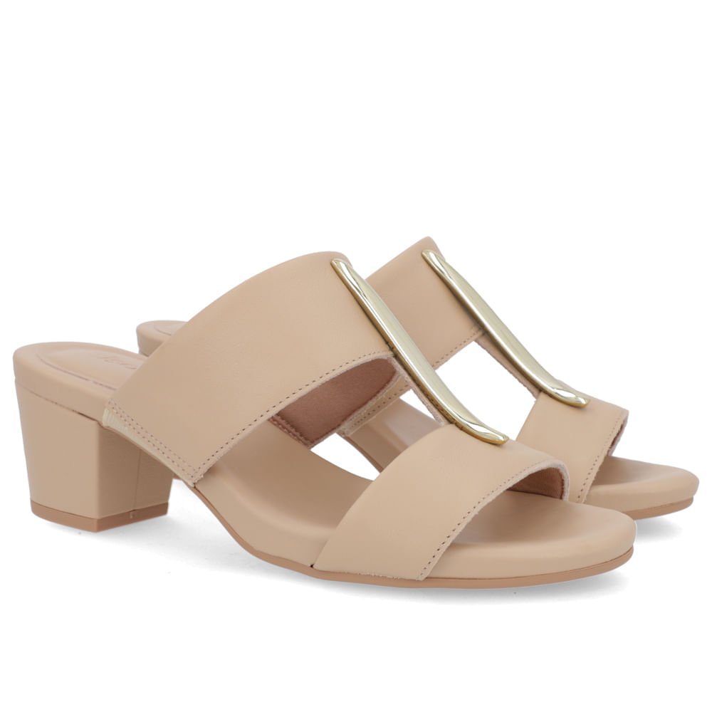 Tamanco Salto Bloco Couro Bege Enfeite Bege 2