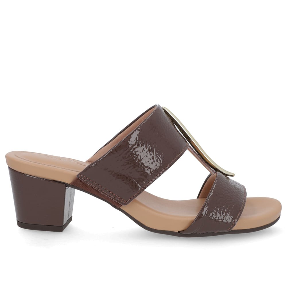 Tamanco Salto Bloco Couro Marrom Chocolate Enfeite