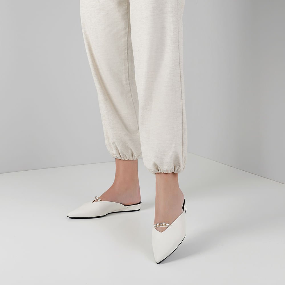 Mule Off-White Bico Fino Couro Salto Anabela Branco 4