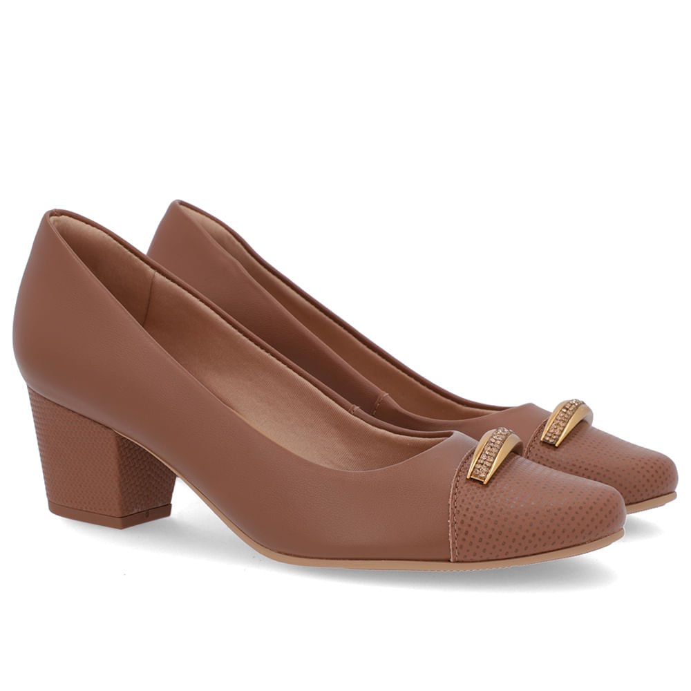 Scarpin Couro Marrom Salto Bloco Brilho Marrom 2