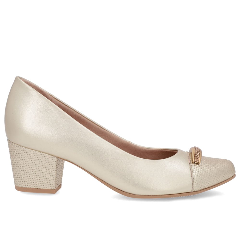 Scarpin Couro Dourado Salto Bloco Brilho Dourado 1