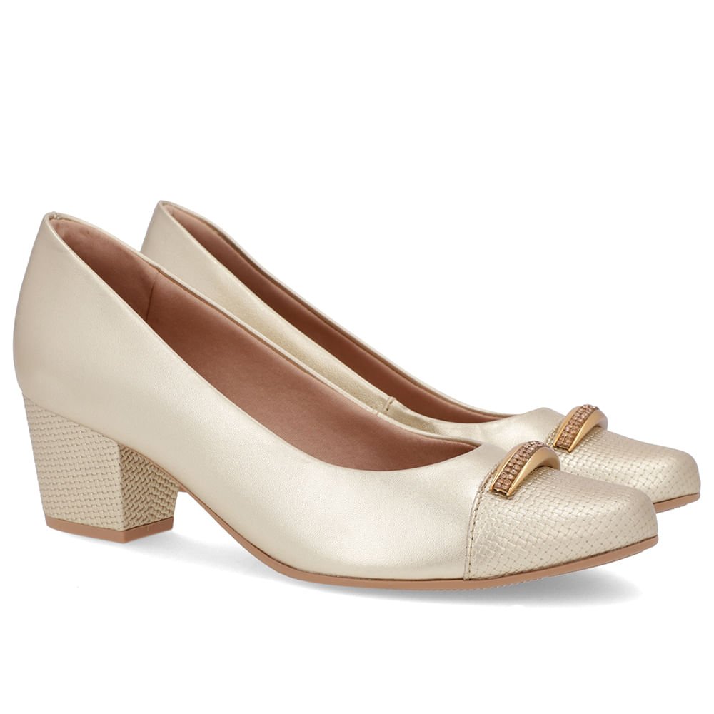 Scarpin Couro Dourado Salto Bloco Brilho Dourado 2