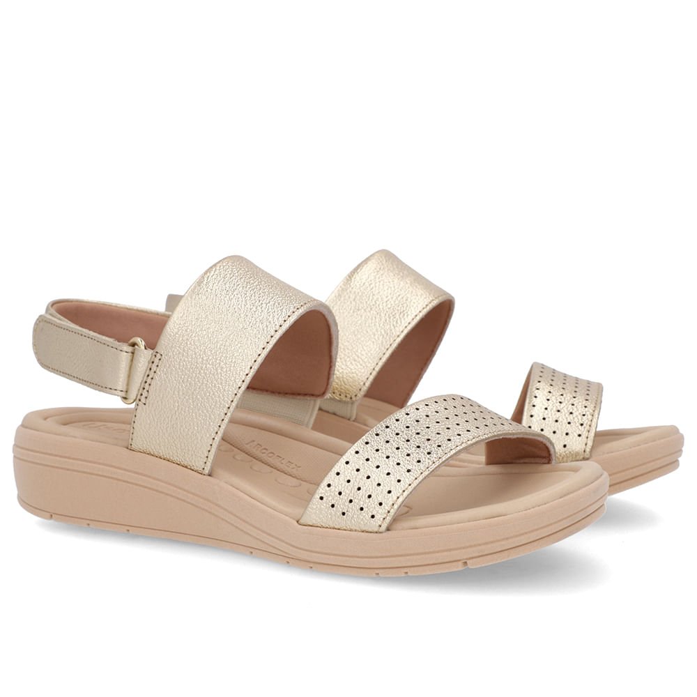 Sandália Anabela Couro Dourada Fecho-Flex Dourado 2