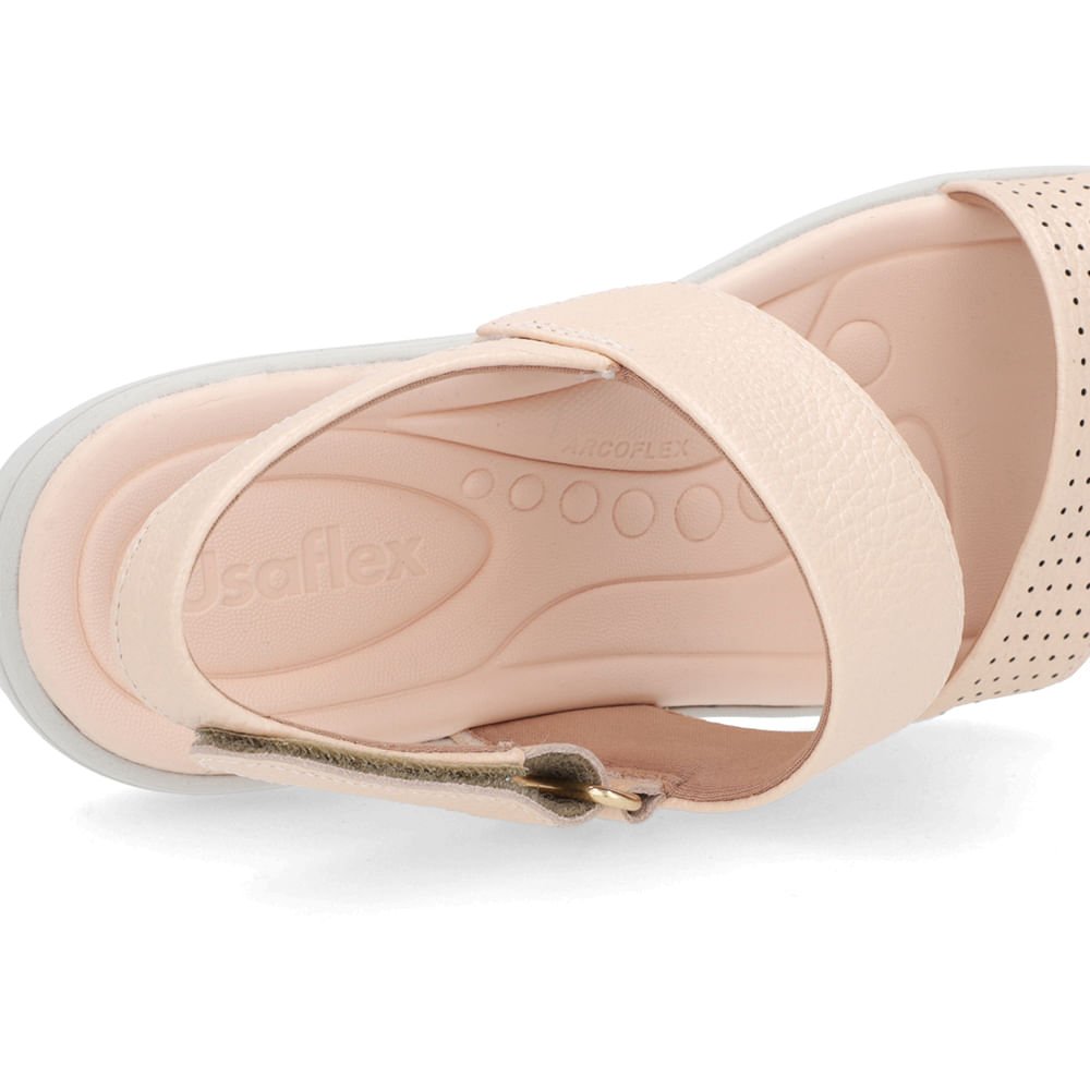 Sandália Anabela Couro Laranja Perolado Fecho-Flex Bege 4