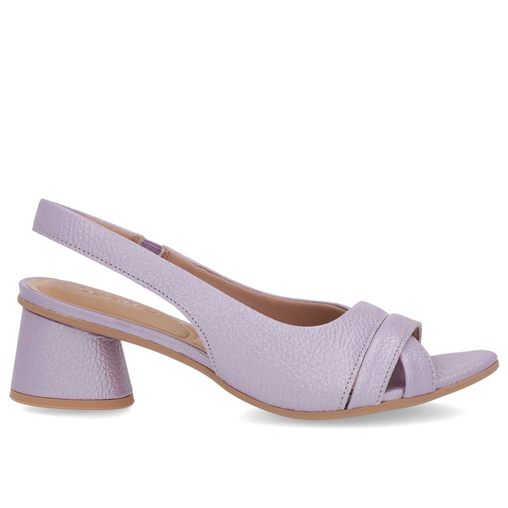 Sandália Salto Geométrico Couro Lilás Perolado Bico Fino