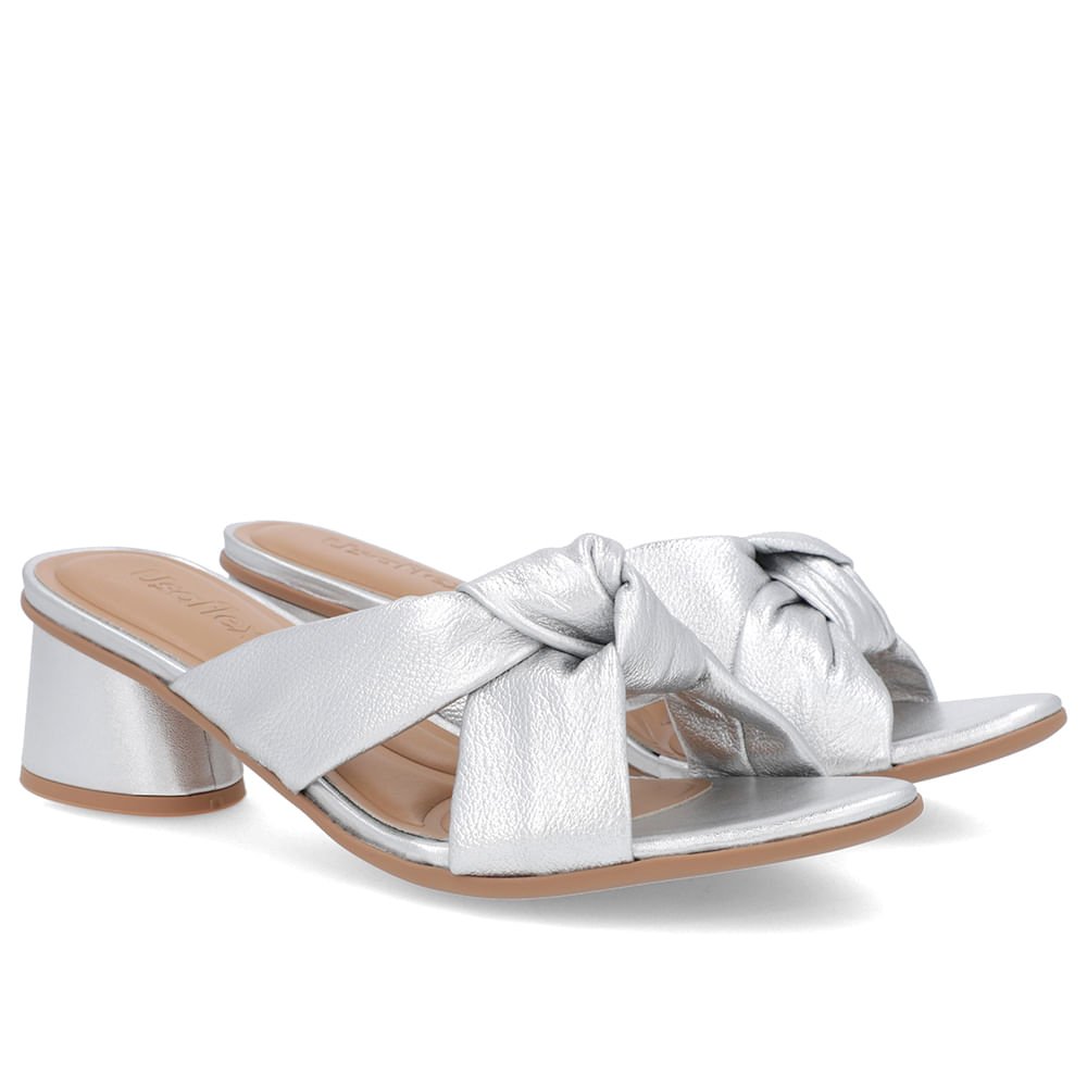 Tamanco Salto Geométrico Couro Prata Enfeite Nó Prata 2