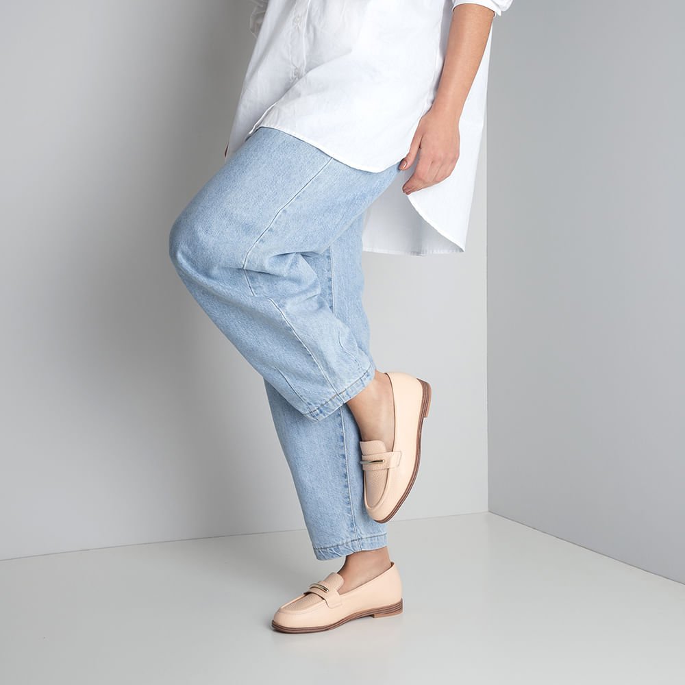 Mocassim Laranja Claro Couro Salto Bloco Bege 4