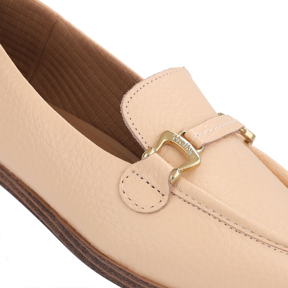 Mocassim Laranja Claro Couro Bico Redondo Bridão Bege 4