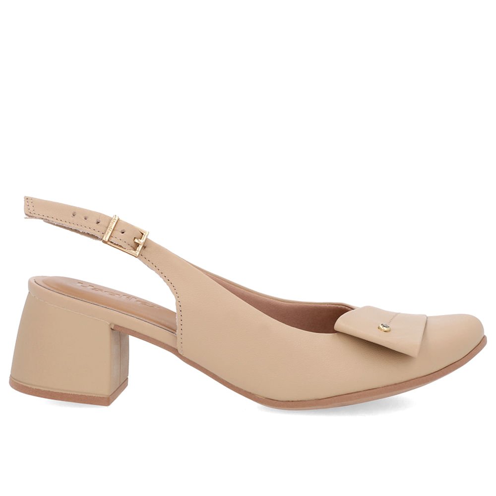Slingback Bege Salto Bloco Couro Enfeite Bege 1