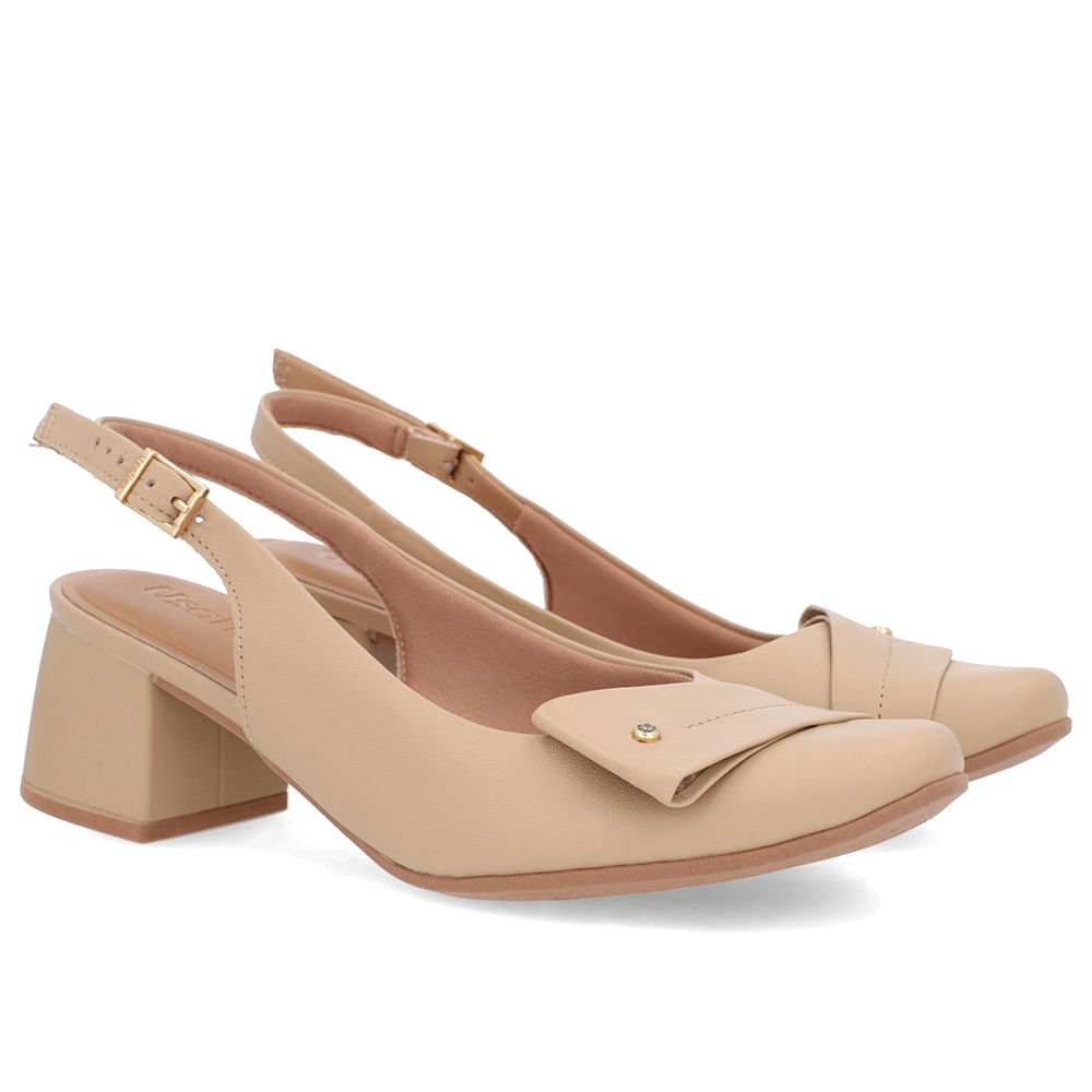 Slingback Bege Salto Bloco Couro Enfeite Bege 2
