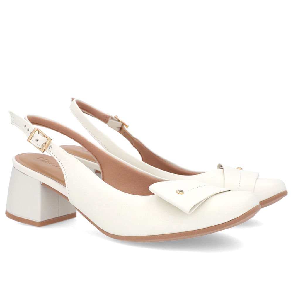 Slingback Off-White Salto Bloco Couro Enfeite Branco 2