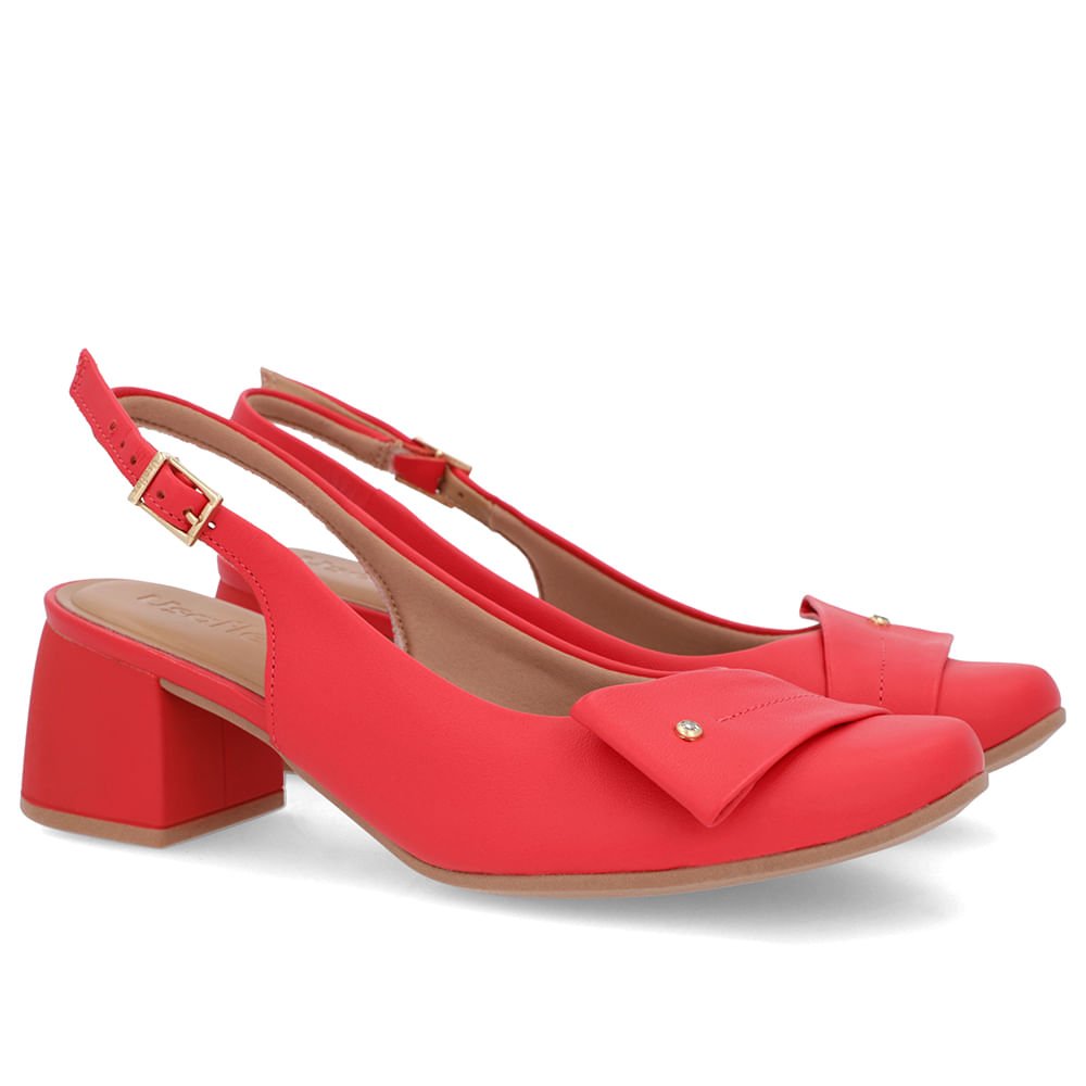 Slingback Vermelho Salto Bloco Couro Enfeite Vermelho 2